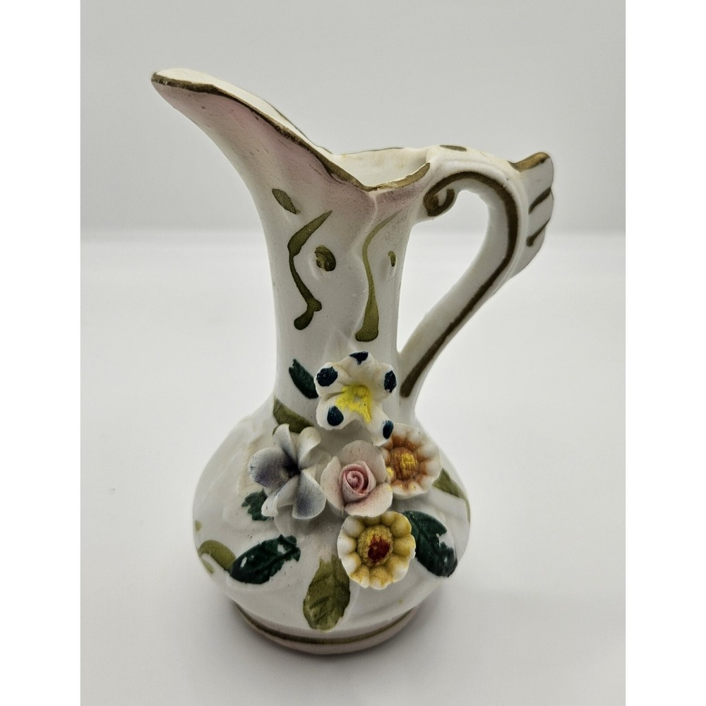 Pitcher Vase Sculped Flowers 4" tall 3" wide Porcelain Capodimonte Style SMALL